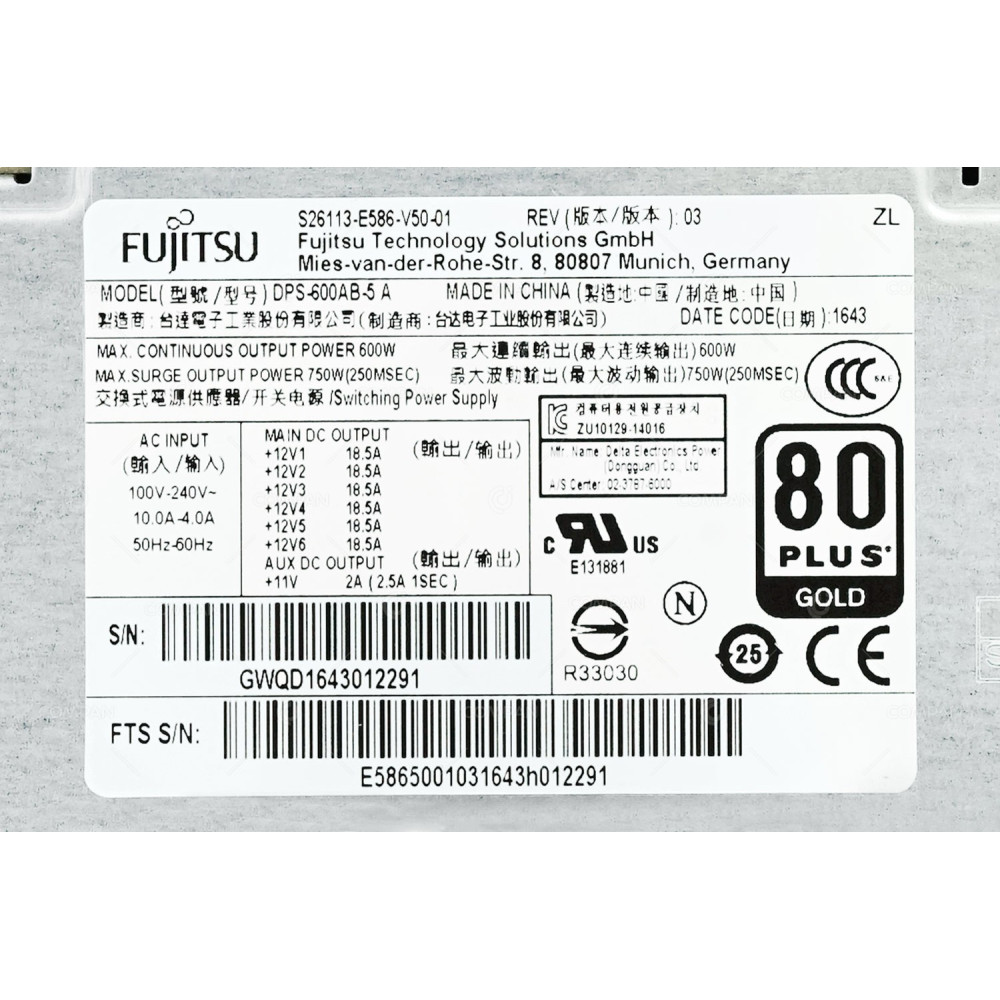 S26113-E586-V50-01 FUJITSU 600W 80PLUS GOLD POWER SUPPLY FOR CELSIUS M740 DPS-600AB-5 A